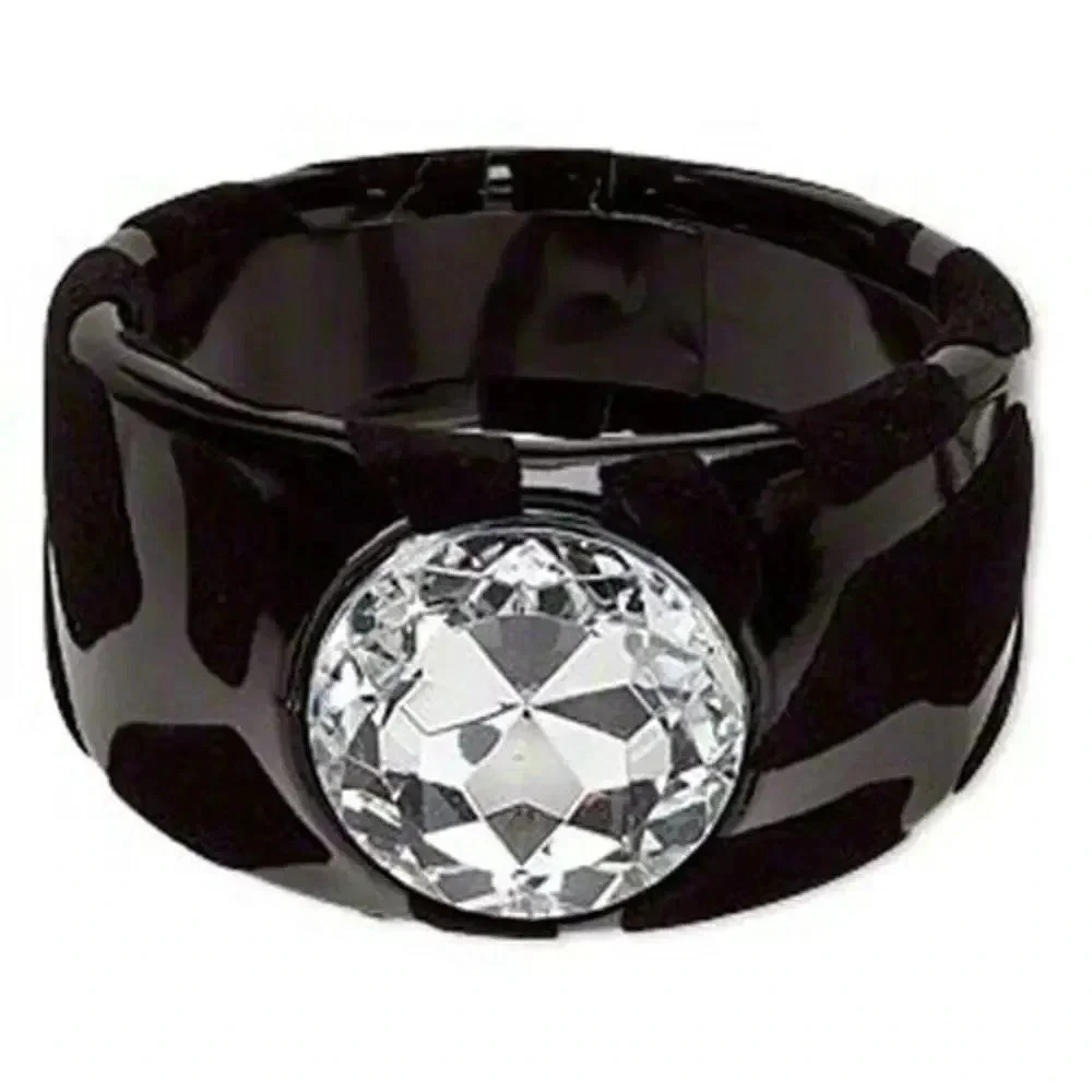 Black Velvet & Vinyl Animal Print Rhinestone Chunky Retro Wide Bangle Bracelet